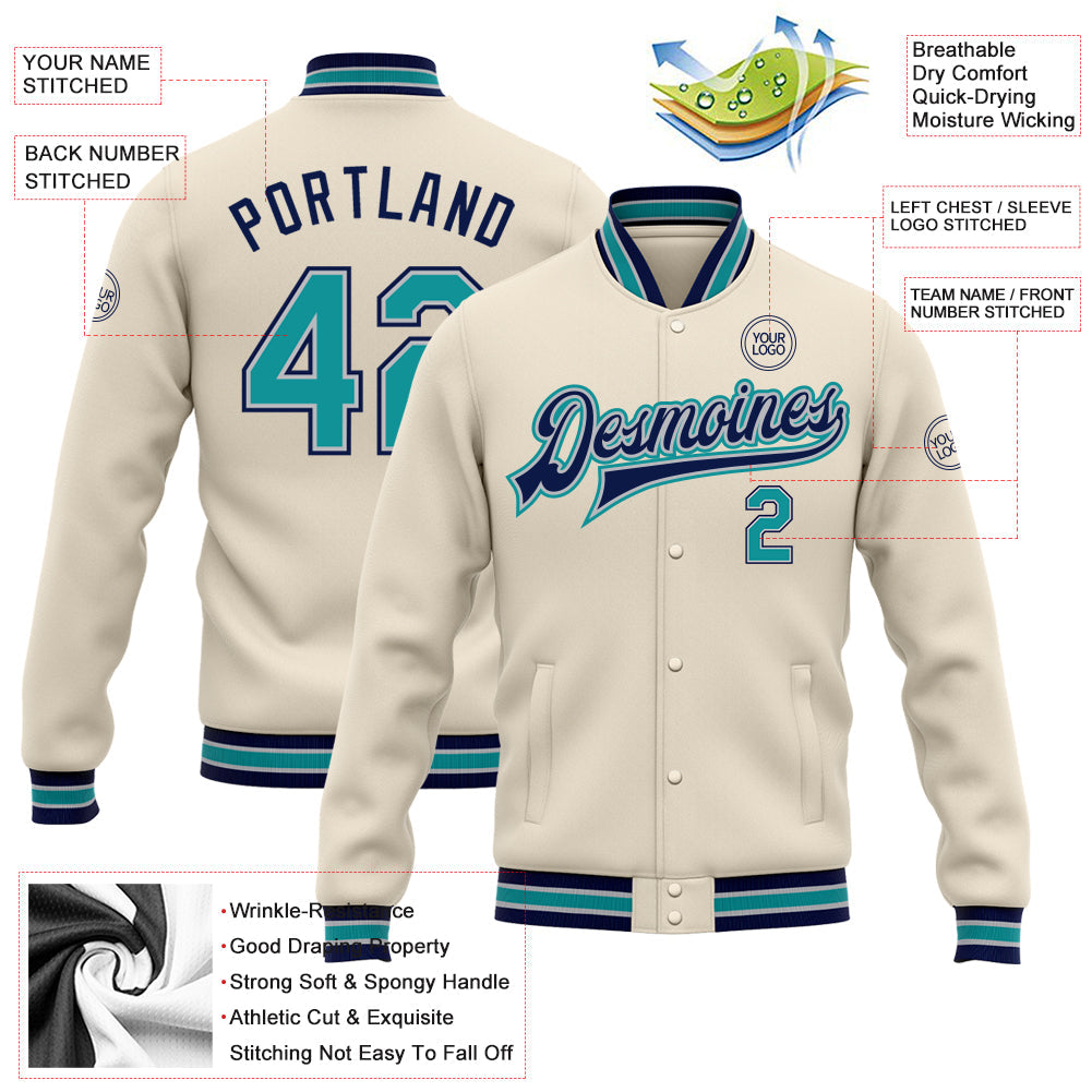 Custom Cream Teal Gray-Navy Bomber Full-Snap Varsity Letterman Jacket view 5