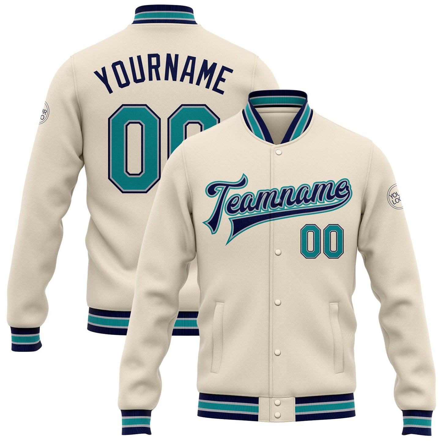 Custom Cream Teal Gray-Navy Bomber Full-Snap Varsity Letterman Jacket - Main View