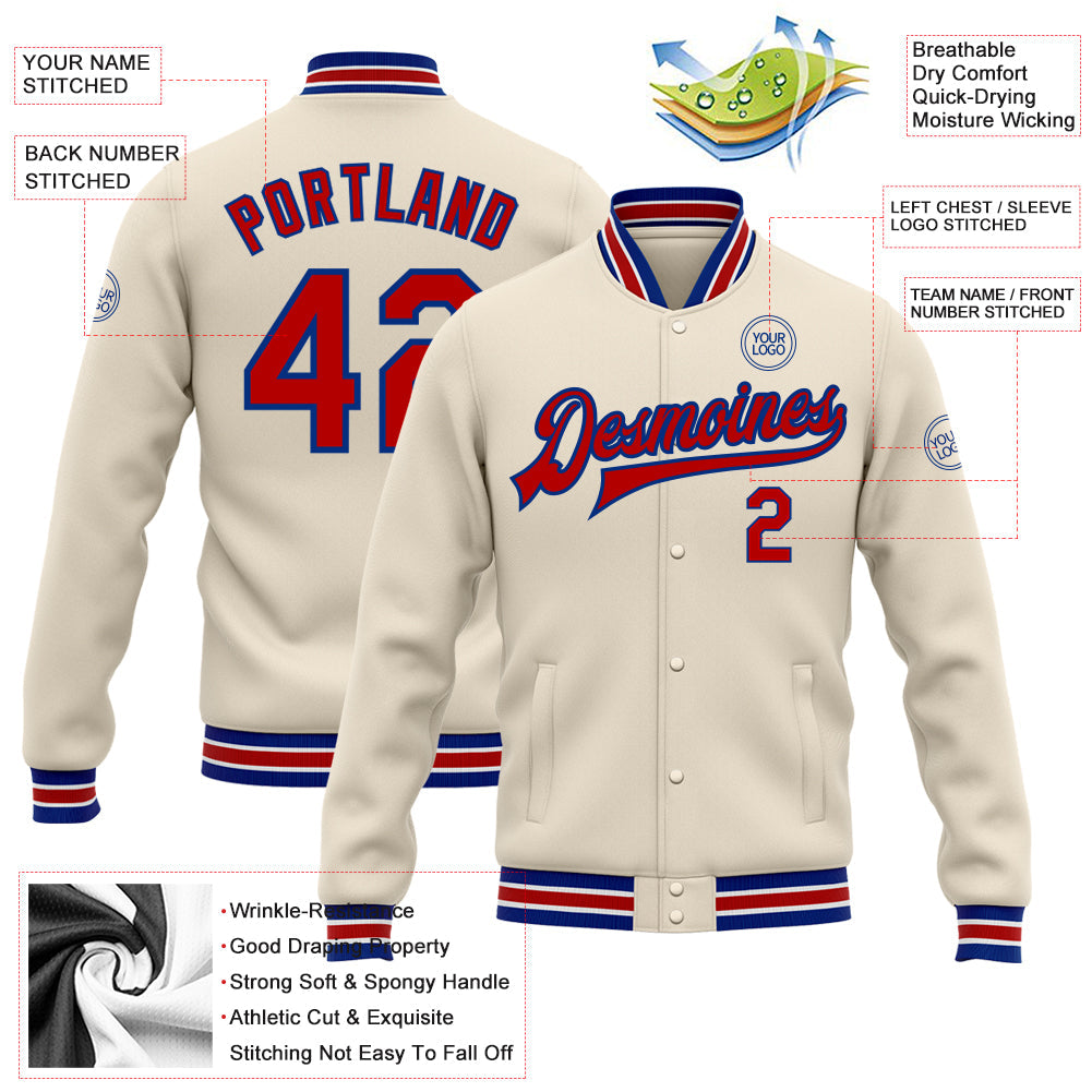 Custom Cream Red-Royal Bomber Full-Snap Varsity Letterman Jacket view 5