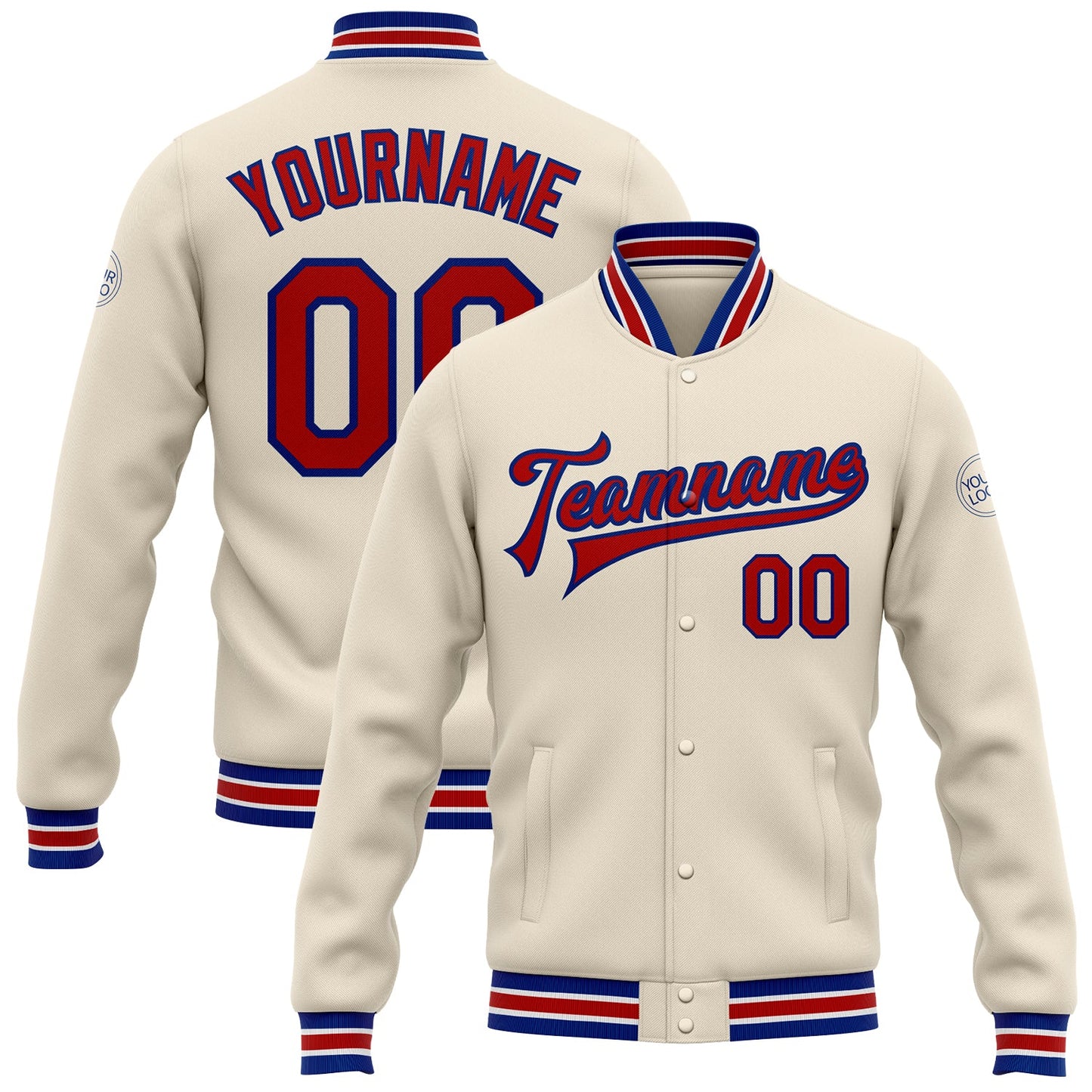 Custom Cream Red-Royal Bomber Full-Snap Varsity Letterman Jacket - Main View