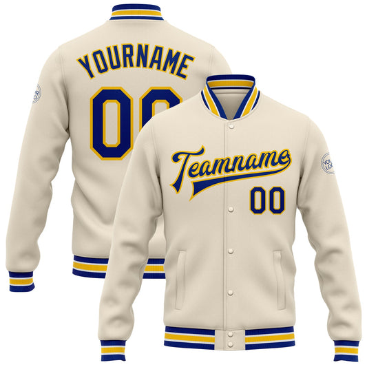 Custom Cream Royal-Yellow Bomber Full-Snap Varsity Letterman Jacket - Main View