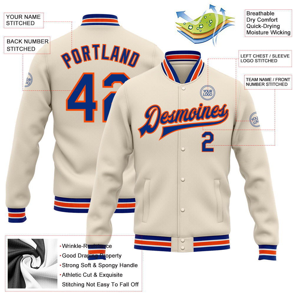 Custom Cream Royal-Orange Bomber Full-Snap Varsity Letterman Jacket view 5