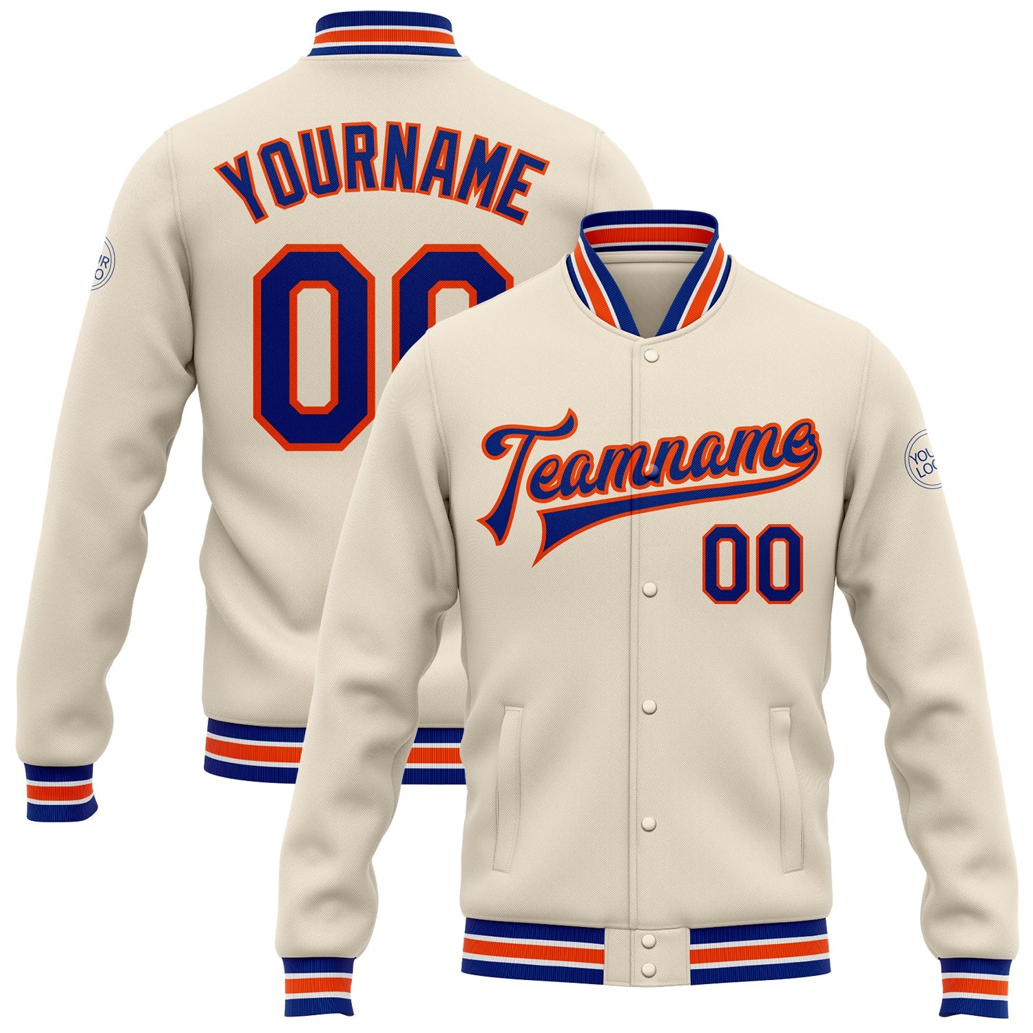 Custom Cream Royal-Orange Bomber Full-Snap Varsity Letterman Jacket - Main View