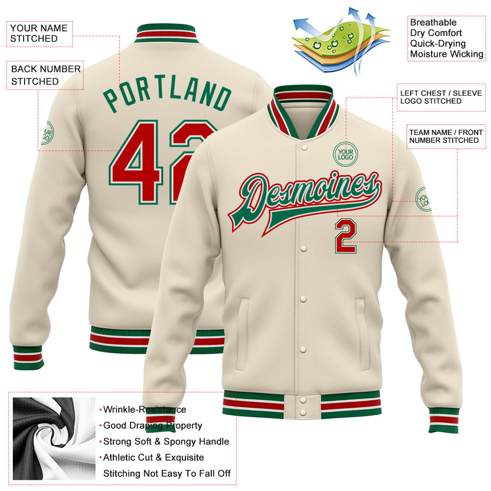 Custom Cream Red-Kelly Green Bomber Full-Snap Varsity Letterman Jacket view 5