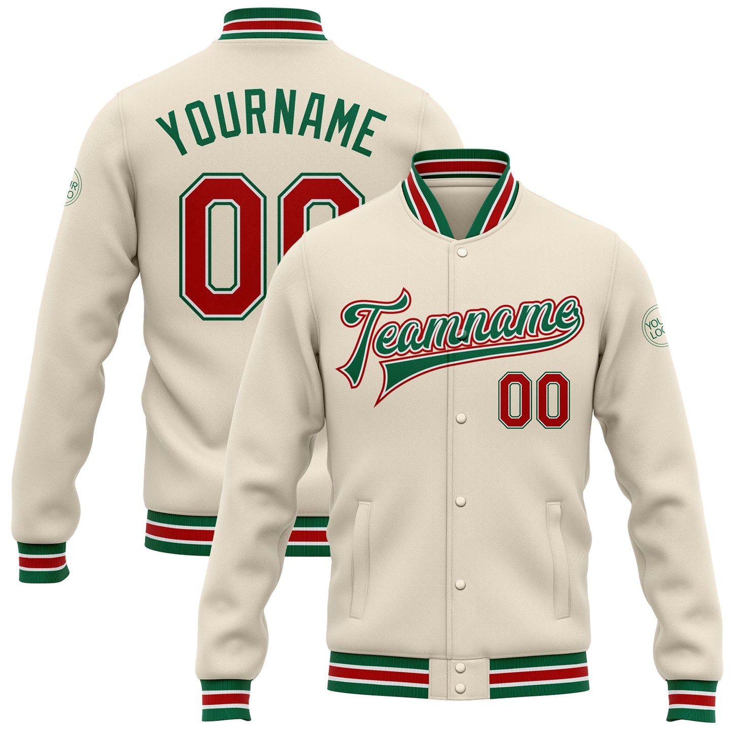 Custom Cream Red-Kelly Green Bomber Full-Snap Varsity Letterman Jacket - Main View