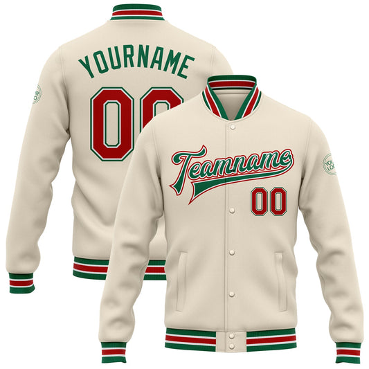 Custom Cream Red-Kelly Green Bomber Full-Snap Varsity Letterman Jacket - Main View