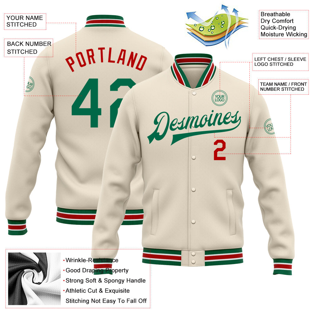 Custom Cream Kelly Green-Red Bomber Full-Snap Varsity Letterman Jacket view 5