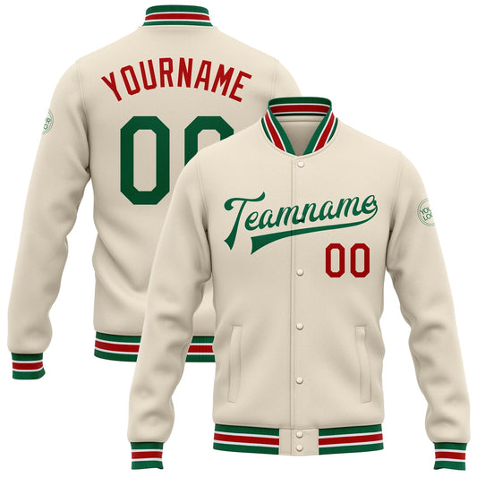 Custom Cream Kelly Green-Red Bomber Full-Snap Varsity Letterman Jacket - Main View