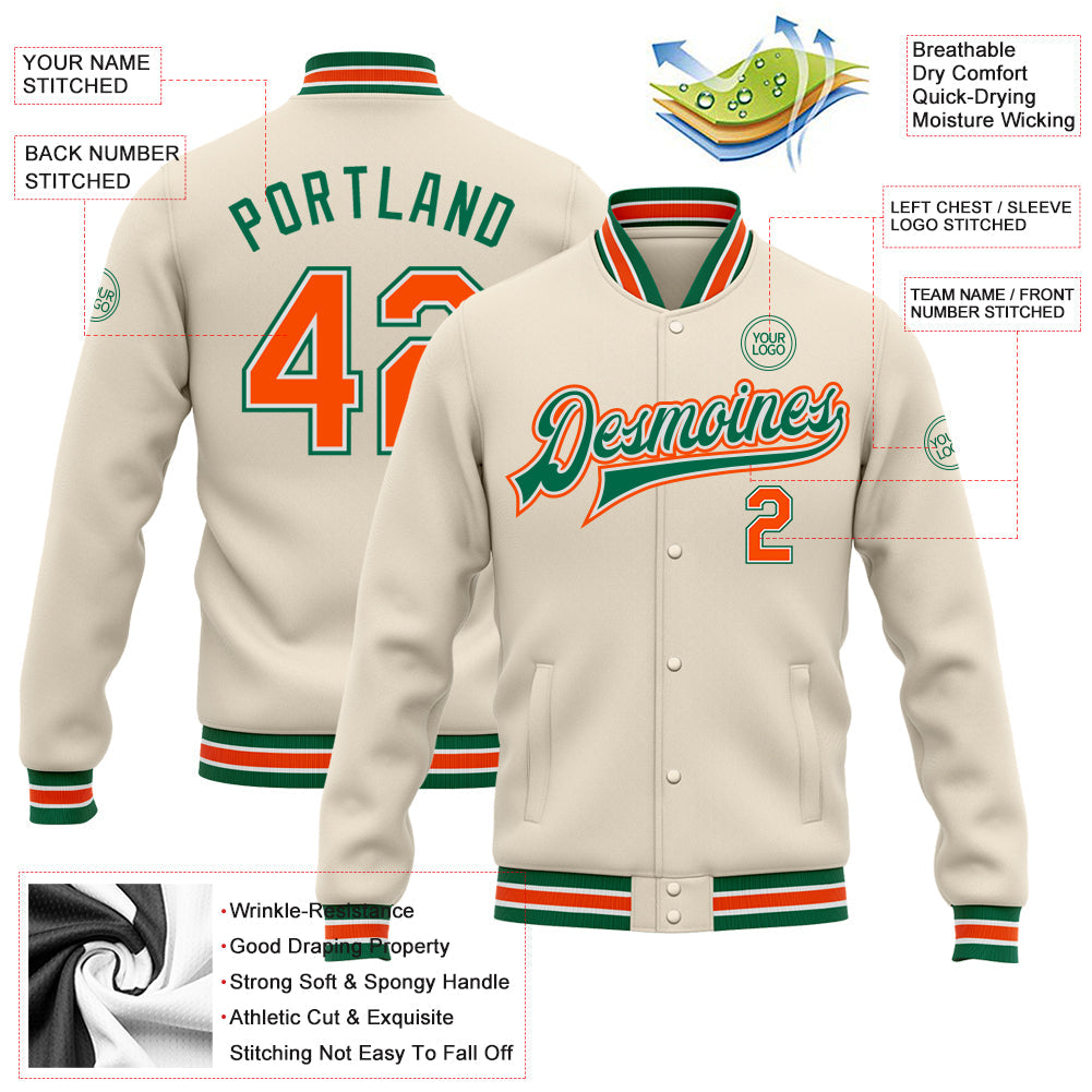 Custom Cream Orange-Kelly Green Bomber Full-Snap Varsity Letterman Jacket view 5