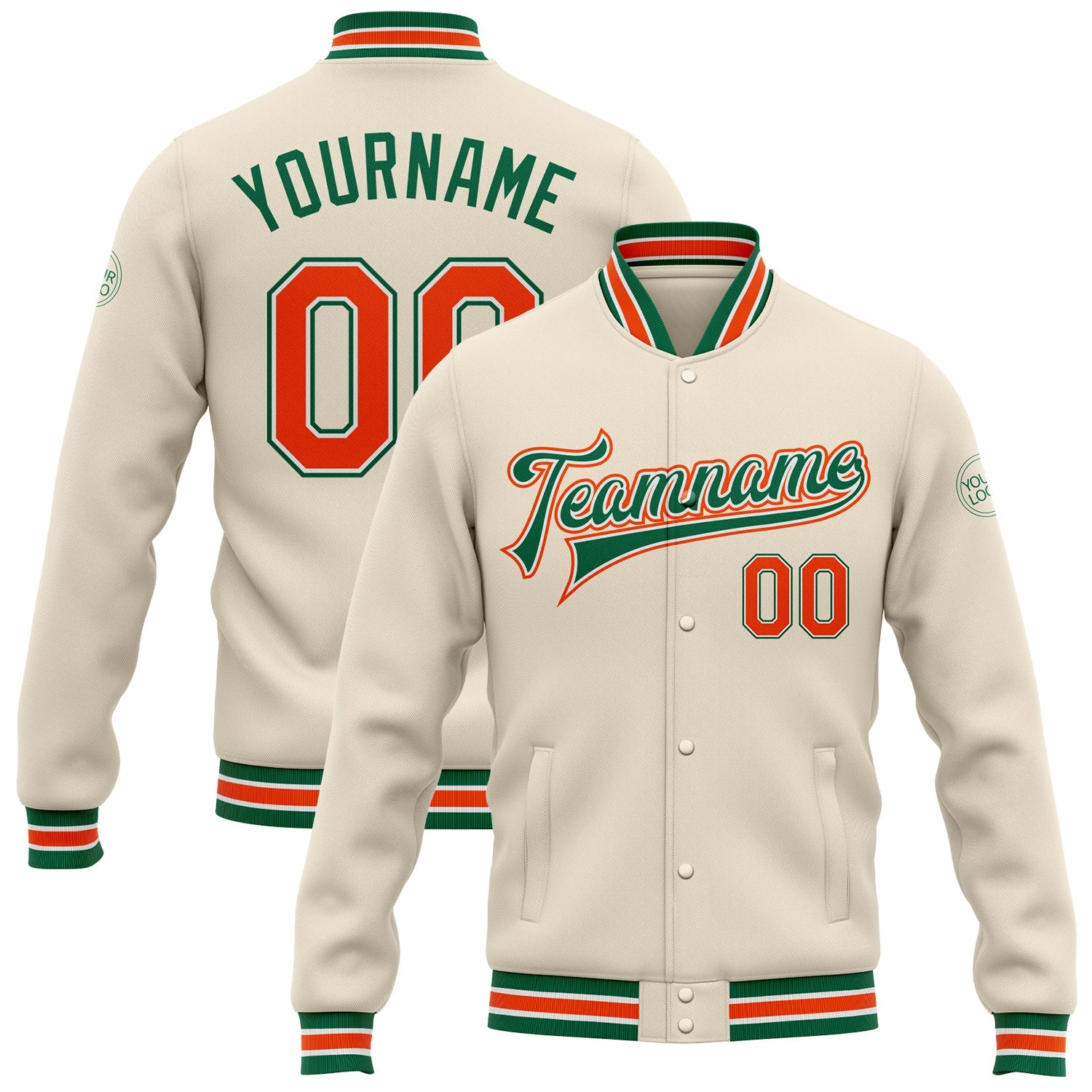 Custom Cream Orange-Kelly Green Bomber Full-Snap Varsity Letterman Jacket - Main View