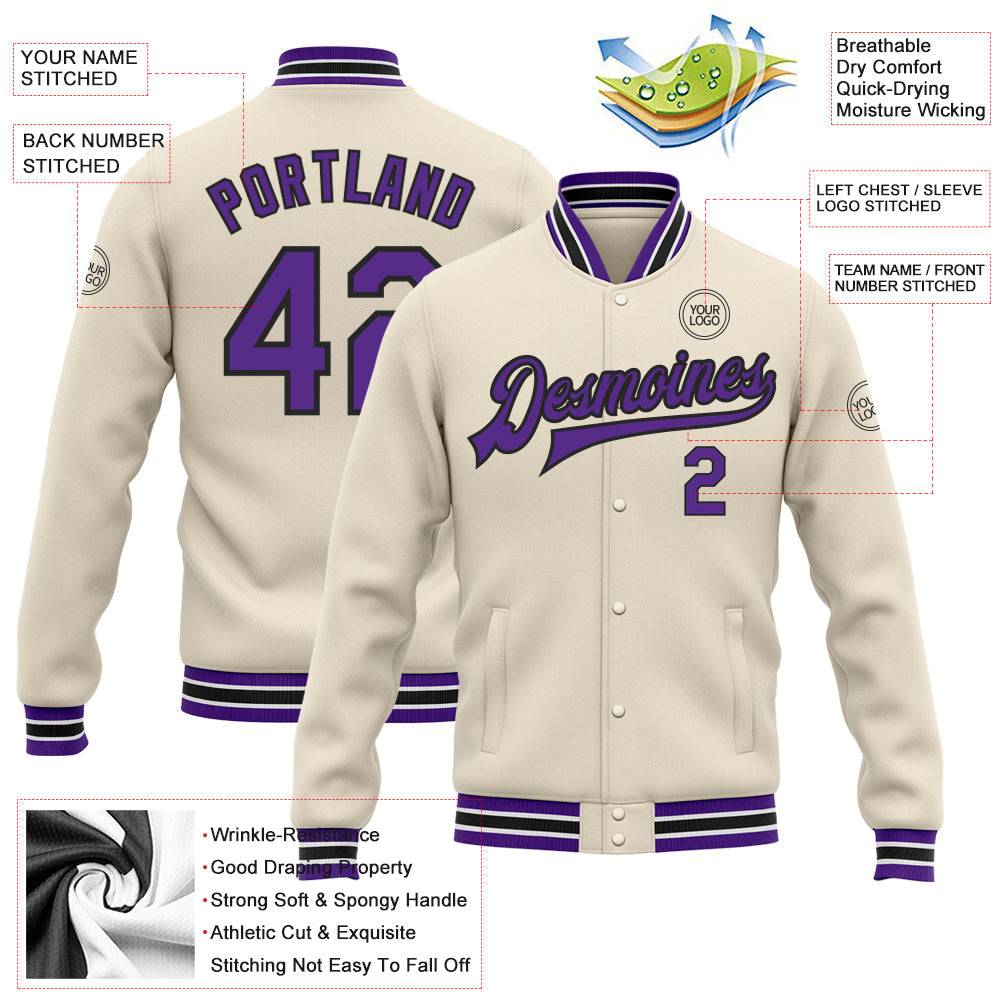 Custom Cream Purple-Black Bomber Full-Snap Varsity Letterman Jacket view 5