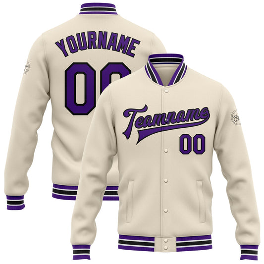 Custom Cream Purple-Black Bomber Full-Snap Varsity Letterman Jacket - Main View