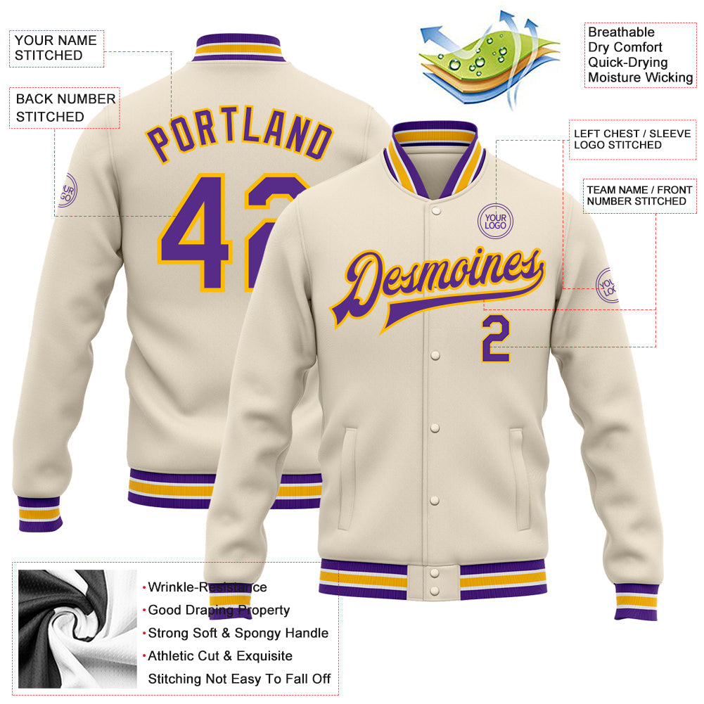 Custom Cream Purple-Gold Bomber Full-Snap Varsity Letterman Jacket view 5