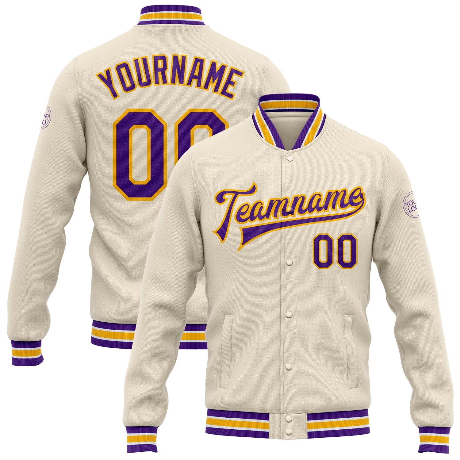 Custom Cream Purple-Gold Bomber Full-Snap Varsity Letterman Jacket - Main View