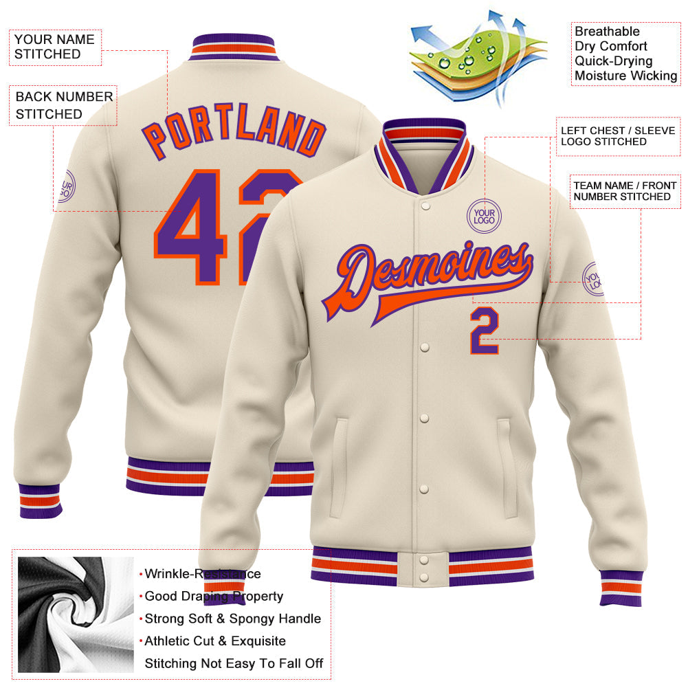 Custom Cream Purple-Orange Bomber Full-Snap Varsity Letterman Jacket view 5