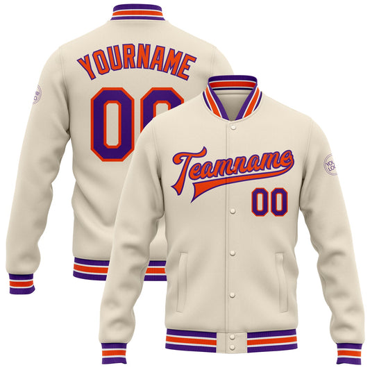 Custom Cream Purple-Orange Bomber Full-Snap Varsity Letterman Jacket - Main View