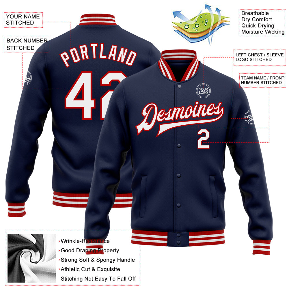 Custom Navy White-Red Bomber Full-Snap Varsity Letterman Jacket view 5