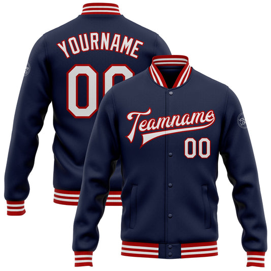 Custom Navy White-Red Bomber Full-Snap Varsity Letterman Jacket - Main View