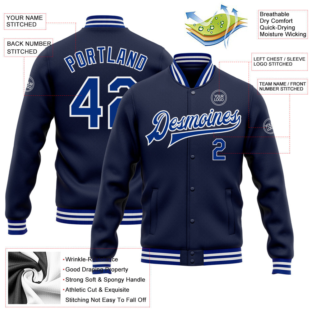 Custom Navy Royal-White Bomber Full-Snap Varsity Letterman Jacket view 5