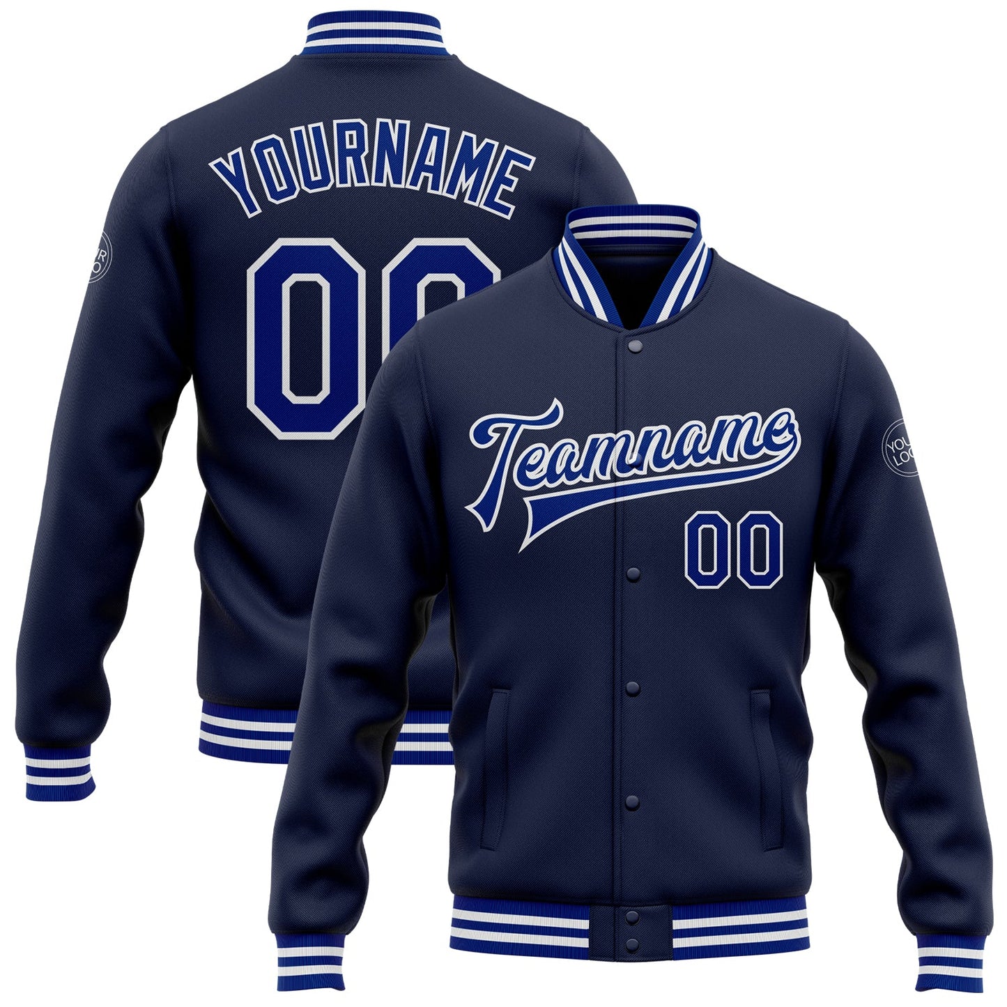 Custom Navy Royal-White Bomber Full-Snap Varsity Letterman Jacket - Main View