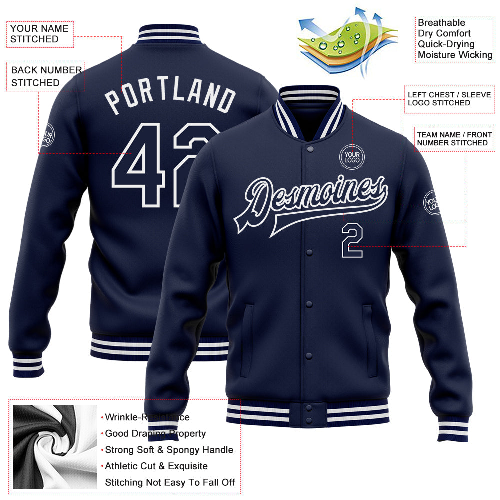 Custom Navy White Bomber Full-Snap Varsity Letterman Jacket view 5
