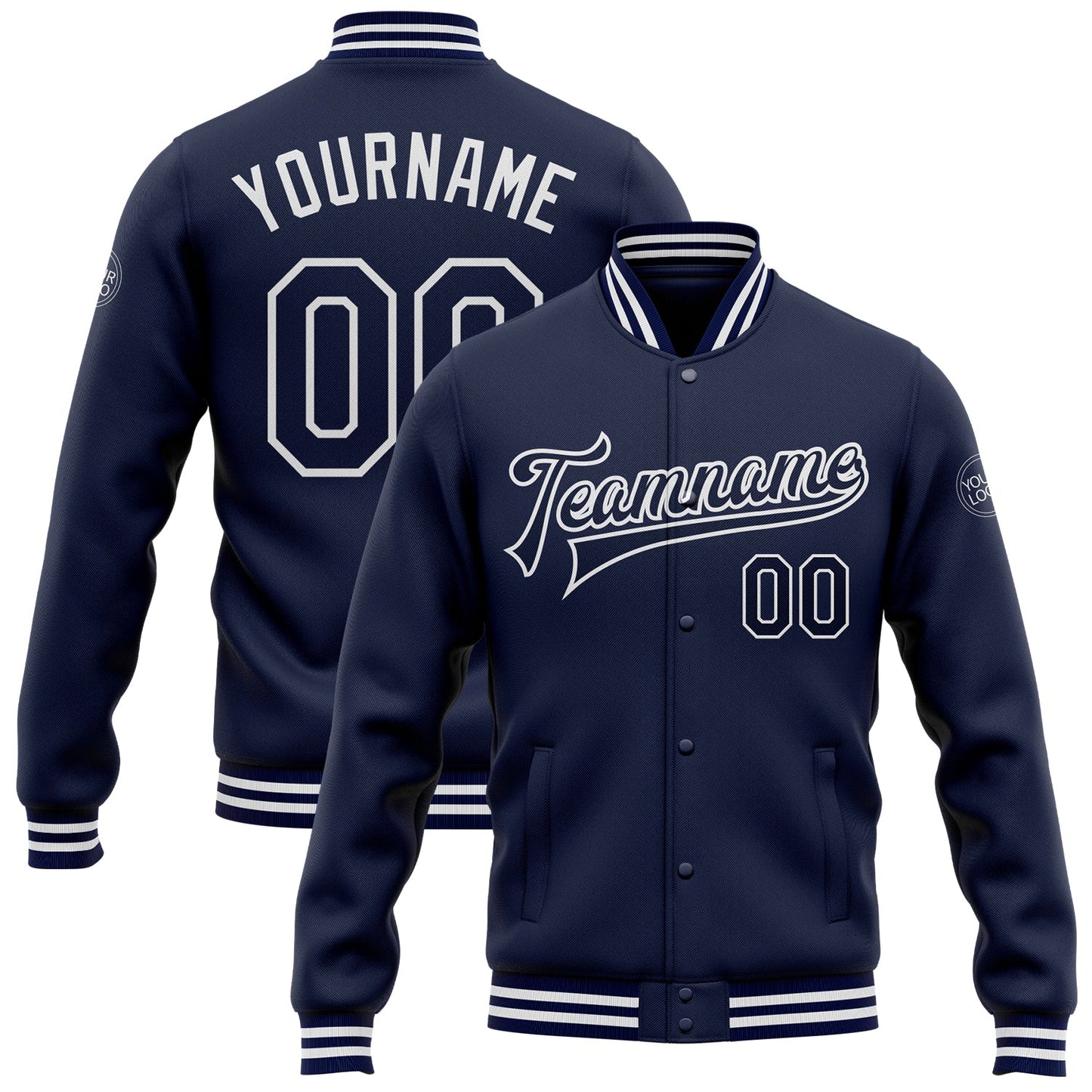 Custom Navy White Bomber Full-Snap Varsity Letterman Jacket - Main View