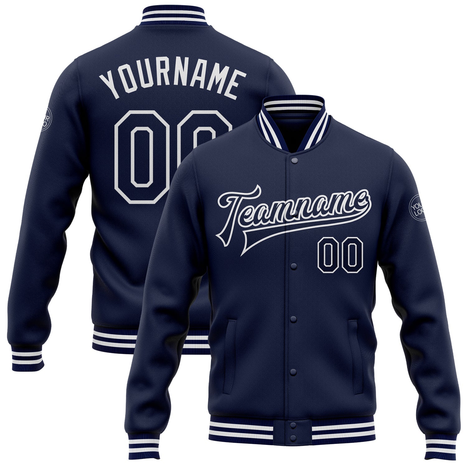 Custom Navy White Bomber Full-Snap Varsity Letterman Jacket - Main View