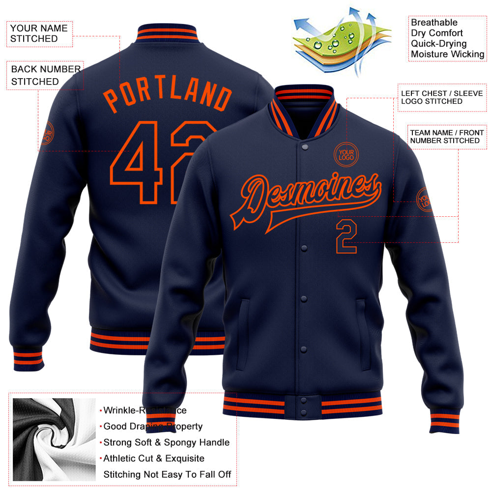 Custom Navy Orange Bomber Full-Snap Varsity Letterman Jacket view 5
