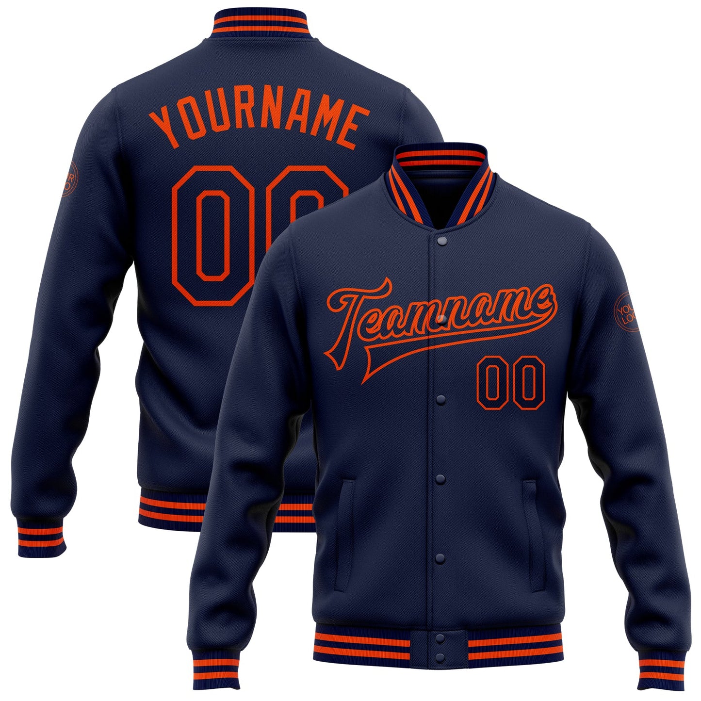 Custom Navy Orange Bomber Full-Snap Varsity Letterman Jacket - Main View