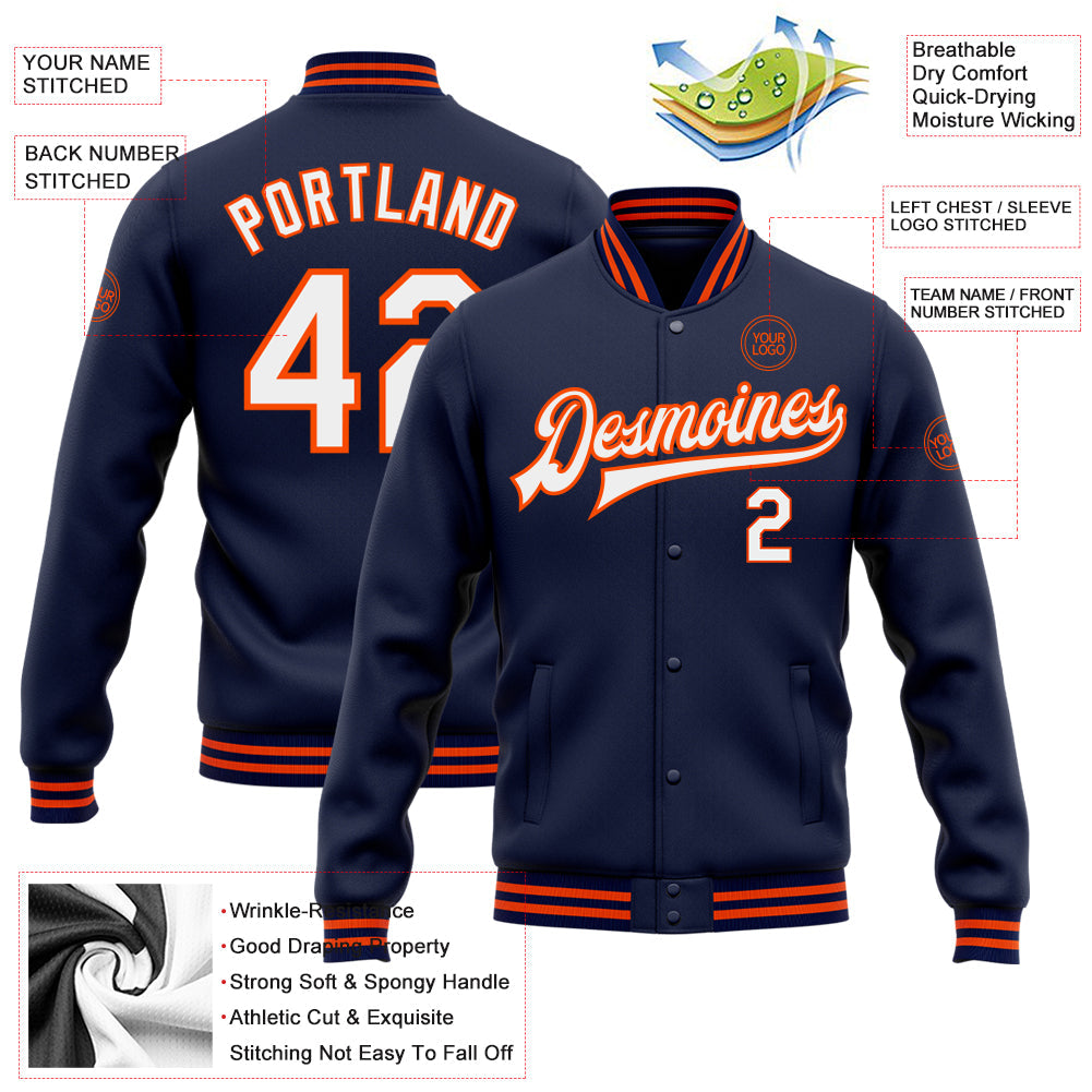 Custom Navy White-Orange Bomber Full-Snap Varsity Letterman Jacket view 5