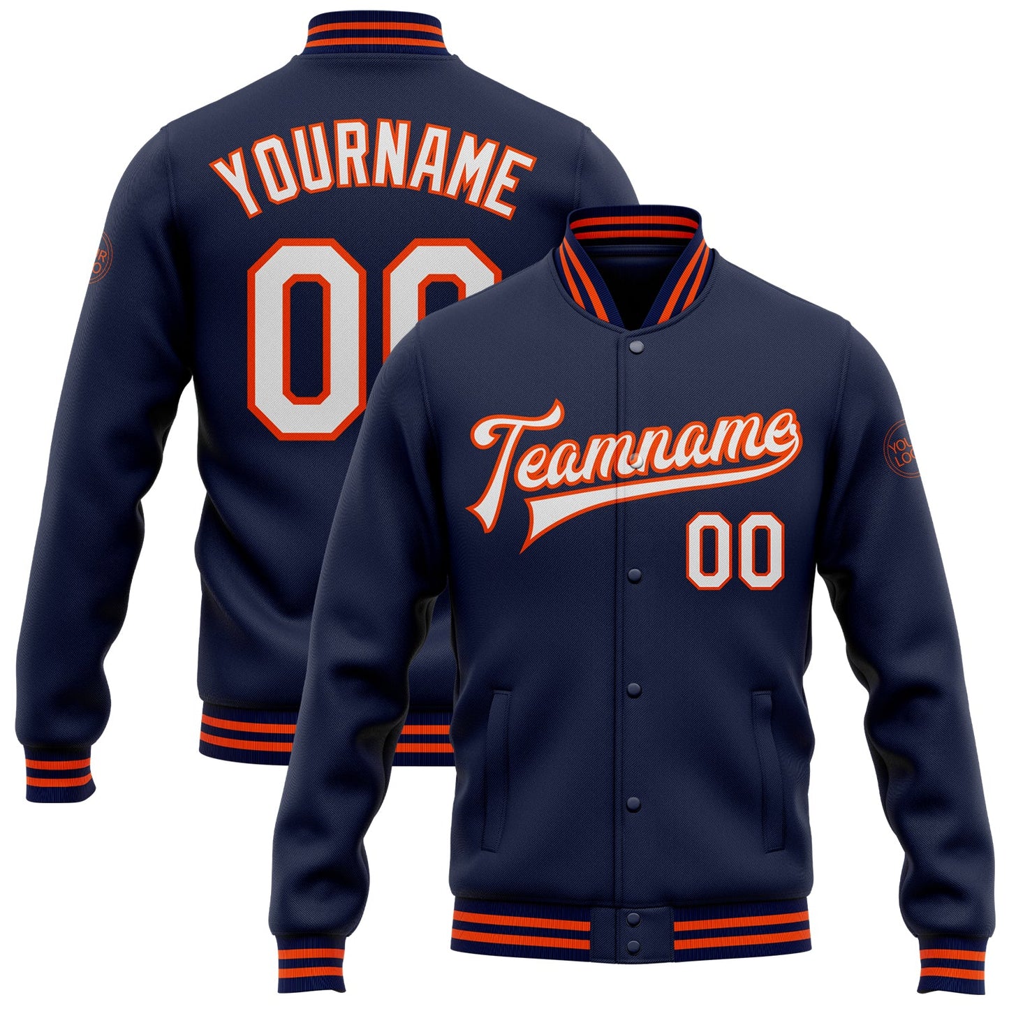 Custom Navy White-Orange Bomber Full-Snap Varsity Letterman Jacket - Main View