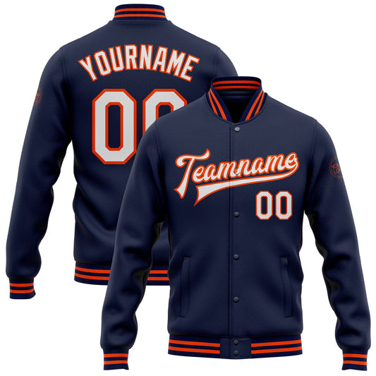 Custom Navy White-Orange Bomber Full-Snap Varsity Letterman Jacket - Main View