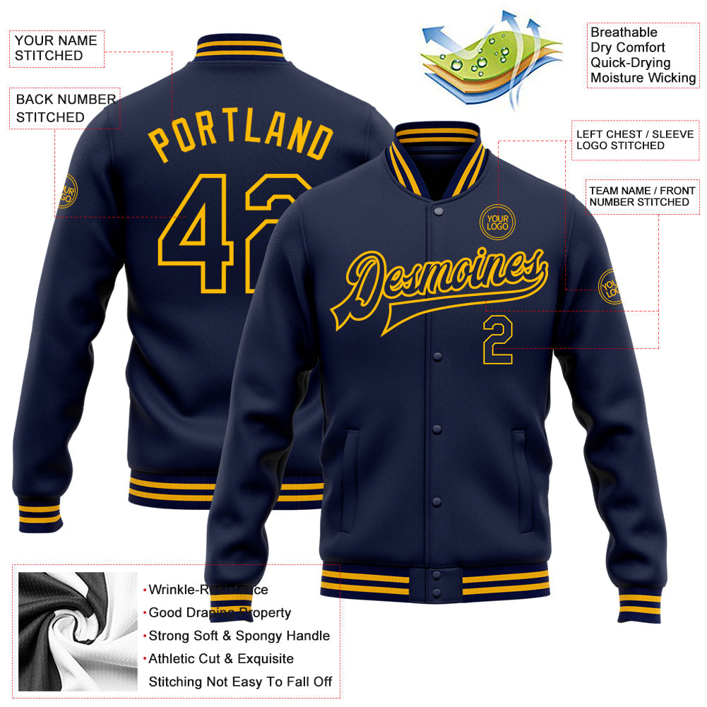 Custom Navy Gold Bomber Full-Snap Varsity Letterman Jacket view 5