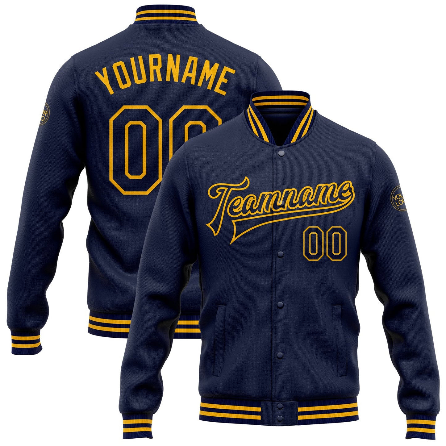 Custom Navy Gold Bomber Full-Snap Varsity Letterman Jacket - Main View