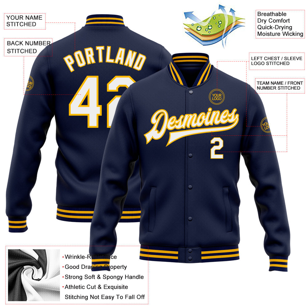 Custom Navy White-Gold Bomber Full-Snap Varsity Letterman Jacket view 5