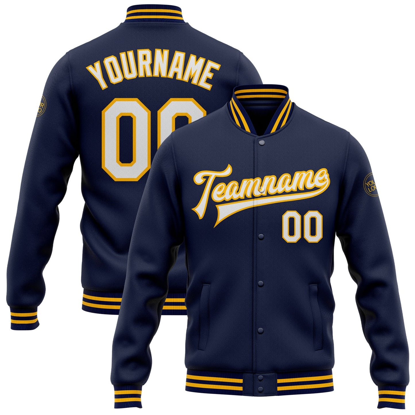 Custom Navy White-Gold Bomber Full-Snap Varsity Letterman Jacket - Main View