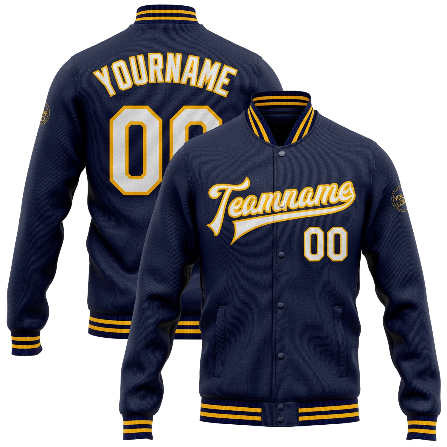Custom Navy White-Gold Bomber Full-Snap Varsity Letterman Jacket - Main View