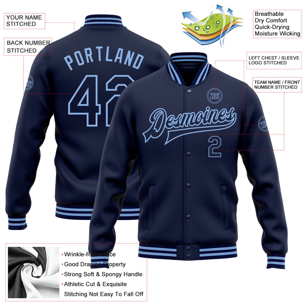 Custom Navy Light Blue Bomber Full-Snap Varsity Letterman Jacket view 5
