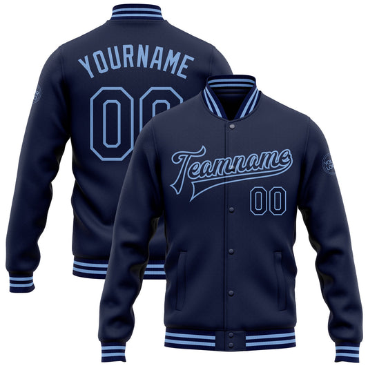Custom Navy Light Blue Bomber Full-Snap Varsity Letterman Jacket - Main View