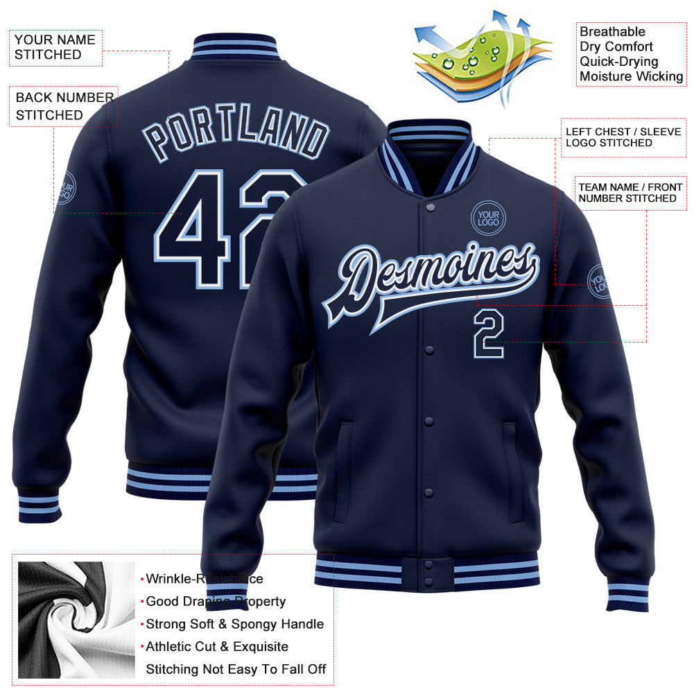 Custom Navy White-Light Blue Bomber Full-Snap Varsity Letterman Jacket view 5