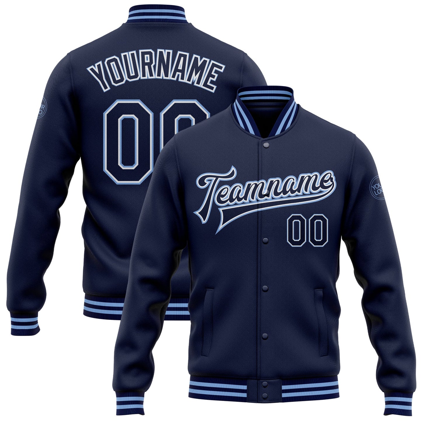 Custom Navy White-Light Blue Bomber Full-Snap Varsity Letterman Jacket - Main View