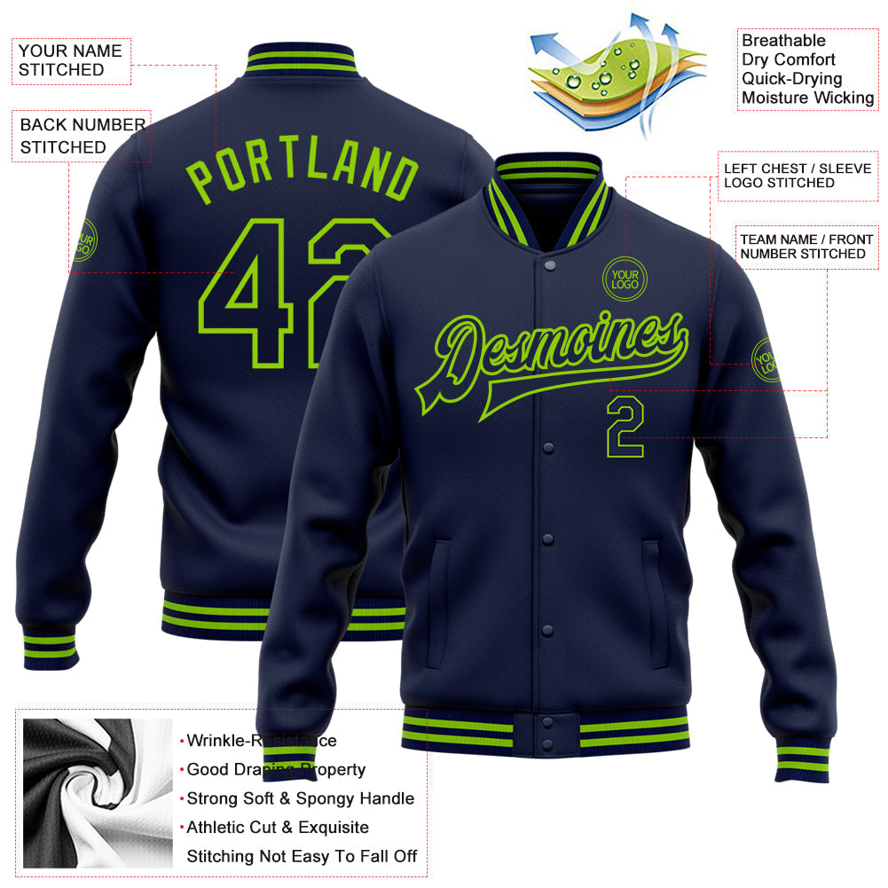 Custom Navy Neon Green Bomber Full-Snap Varsity Letterman Jacket view 5