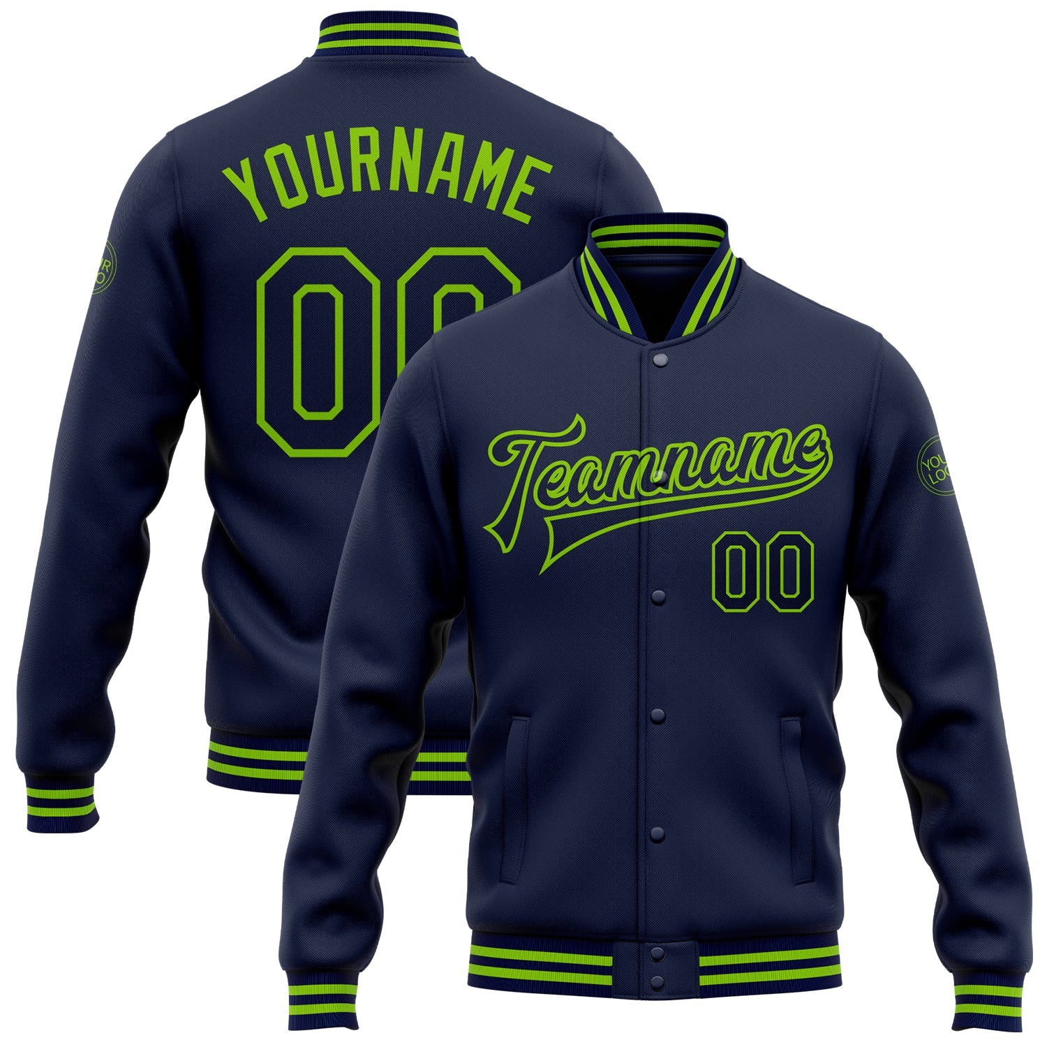 Custom Navy Neon Green Bomber Full-Snap Varsity Letterman Jacket - Main View