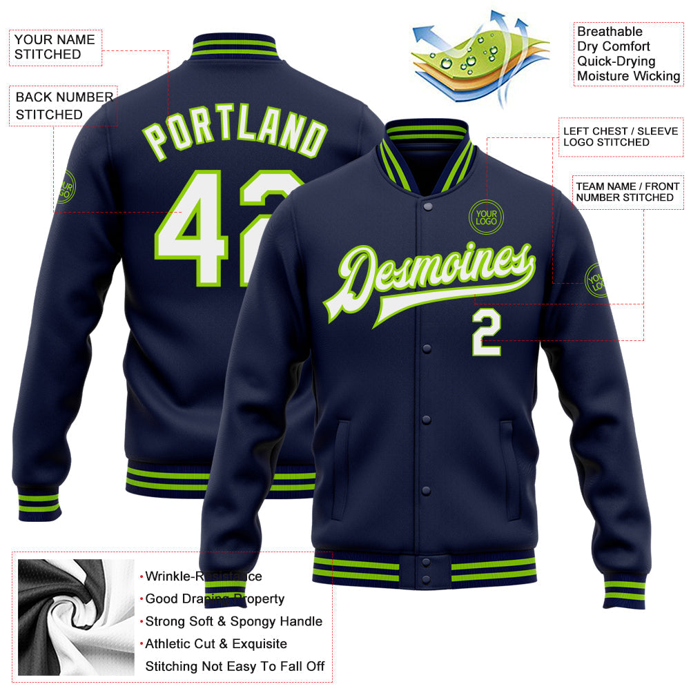 Custom Navy White-Neon Green Bomber Full-Snap Varsity Letterman Jacket view 5
