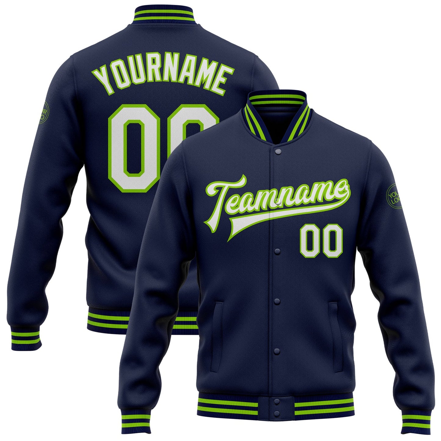 Custom Navy White-Neon Green Bomber Full-Snap Varsity Letterman Jacket - Main View