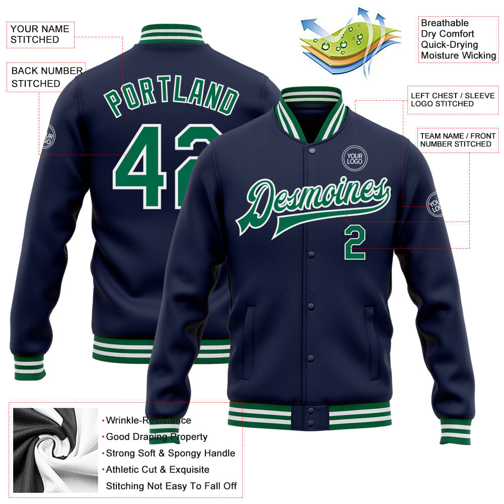 Custom Navy Kelly Green-White Bomber Full-Snap Varsity Letterman Jacket view 5