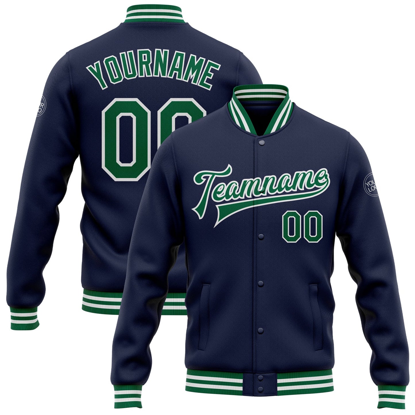 Custom Navy Kelly Green-White Bomber Full-Snap Varsity Letterman Jacket - Main View
