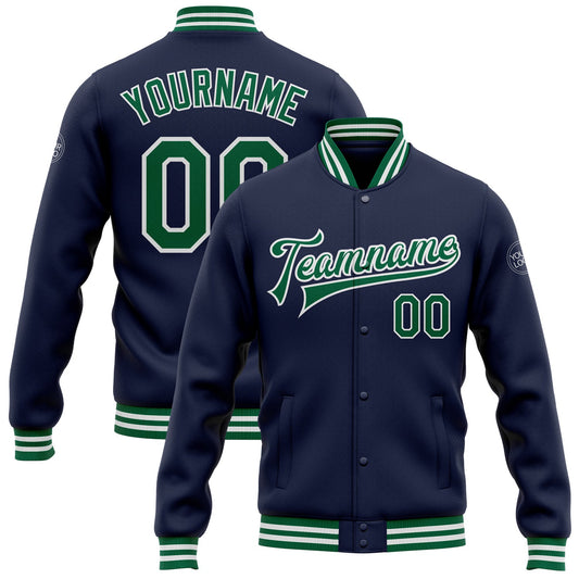 Custom Navy Kelly Green-White Bomber Full-Snap Varsity Letterman Jacket - Main View