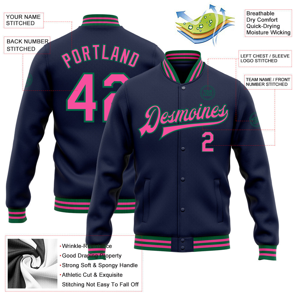 Custom Navy Pink-Kelly Green Bomber Full-Snap Varsity Letterman Jacket view 5