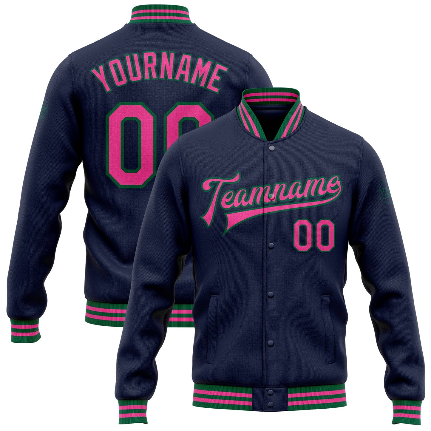 Custom Navy Pink-Kelly Green Bomber Full-Snap Varsity Letterman Jacket - Main View